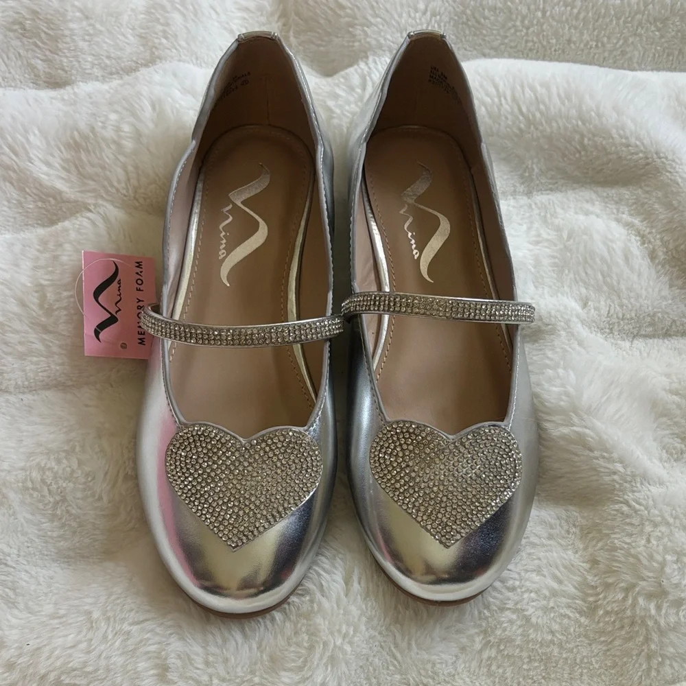 Girls Nina Silver Flats Elyana Rhinestone Sz 3 NIB NWT Memory Foam